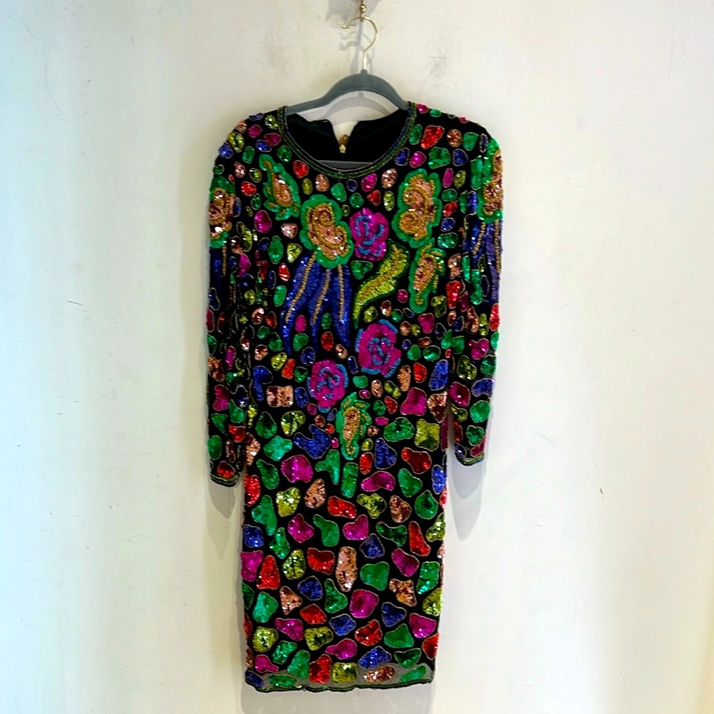 Iconic Vintage 80s Colorful Beaded Sparkle Party Cocktail Long Sleeve Dress S